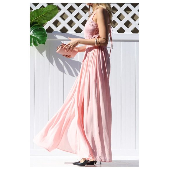 Pink Crochet Top Open Back Boho Maxi Dress - Picture 5 of 8